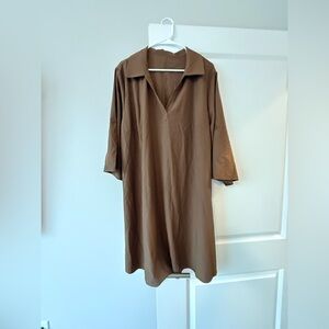 SHEIN Brown Collared V-Neck Midi Shirt Dress
